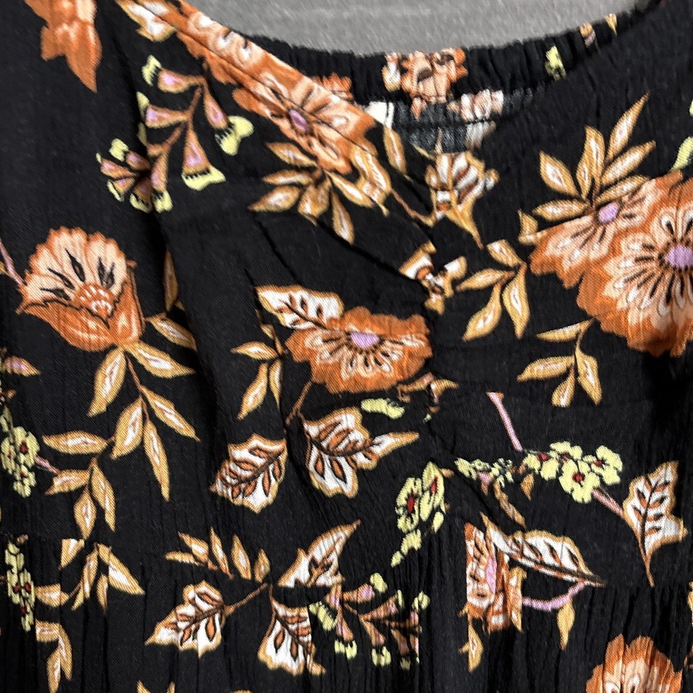 Billabong Dress M Black Floral‎ Smocked Puff Sleeve Midi Gauzy Boho Babydoll - Picture 5 of 10